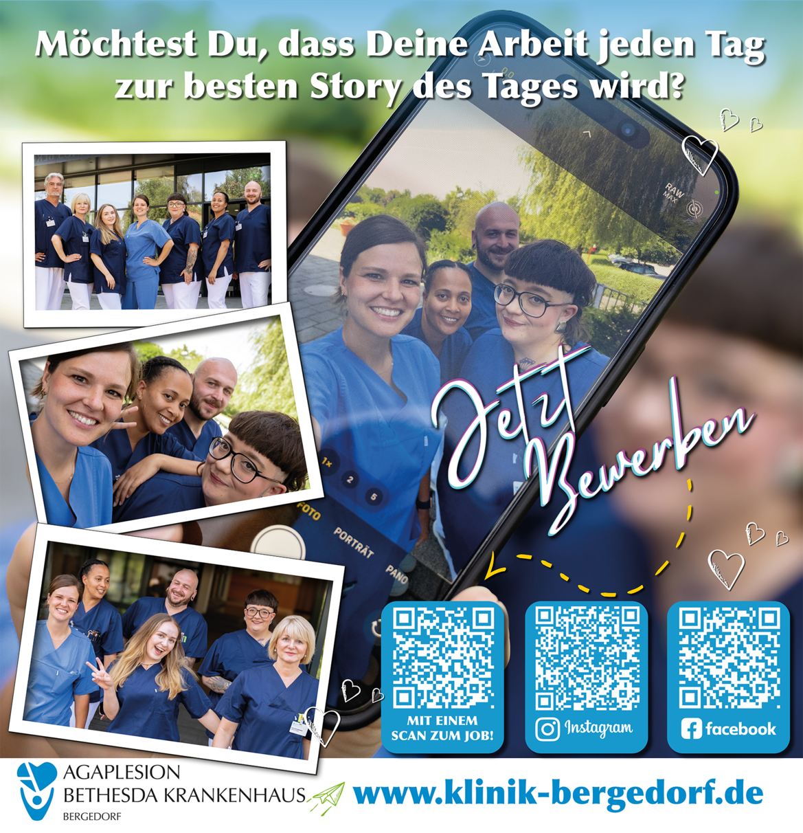 Plakat mit vier Plegepersonen, halten ein Mobiles Telefon in die Kamera